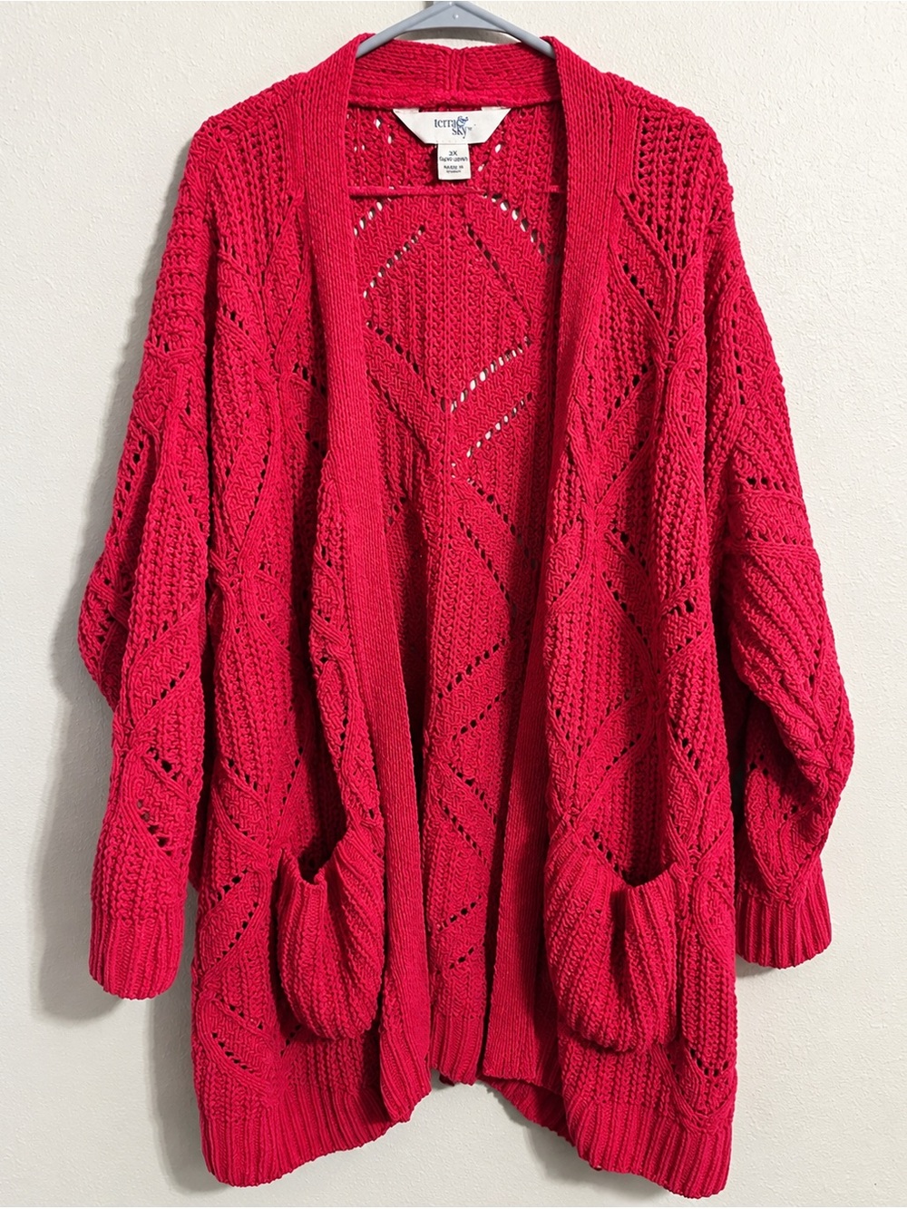 Terra & Sky 3X Raspberry Pink Open Knit Cardigan Plus Size 24W–26W Boho
